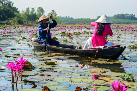 Binh Duong, Vietnam - Feb 4, 2016. Asian woman in traditional dress (Ao Dai) sitting on the wooden boat in waterlily pond.のeditorial素材