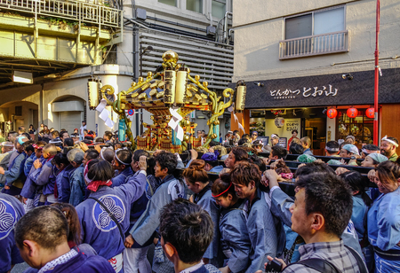 Tokyo, Japan - May 20, 2017. Procession of Mikoshi Matsuri Festival in Tokyo, Japan. Mikoshi Matsuri is one of the three great Shinto festivals of Tokyo.のeditorial素材