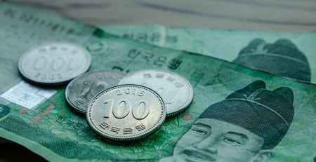 Coins and banknotes of South Korea (won). Currency concept.のeditorial素材