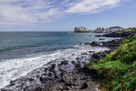 Jeju, South Korea - Sep 20, 2016. Beautiful sea and cliff in Jeju Island, South Korea. Jeju Island is one of the top travel destinations in Asia.のeditorial素材