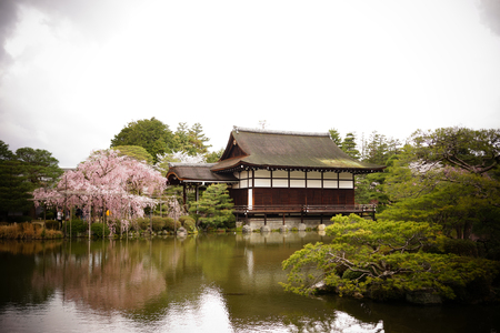 Kyoto, Japan - Apr 6, 2014. Ancient wooden palace with cherry blossom at Heian Jingu Shrine in Kyoto, Japan.のeditorial素材