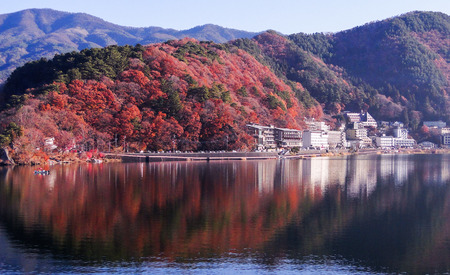 Lake Kawaguchi (Japan) at sunny day in autumn.のeditorial素材