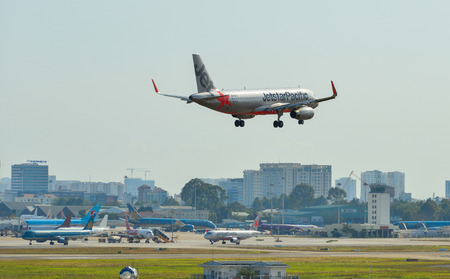 Saigon, Vietnam - Feb 16, 2019. An A320 airplane of Jetstar Pacific landing at Tan Son Nhat Airport (SGN) in Saigon (Ho Chi Minh City), Vietnam.のeditorial素材