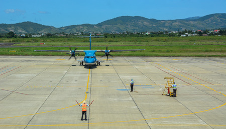 Dalat, Vietnam - Oct 30, 2015. An ATR 72 airplane of Vietnam Airlines docking at Lien Khuong Airport (DLI) in Dalat, Vietnam.のeditorial素材