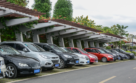 Nanning, China - Nov 1, 2015. A parking lot in Nanning, China. Nanning is a large, modern city and a travellers to and from Vietnam.のeditorial素材