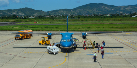 Dalat, Vietnam - Oct 30, 2015. An ATR 72 airplane of Vietnam Airlines docking at Lien Khuong Airport (DLI) in Dalat, Vietnam.のeditorial素材