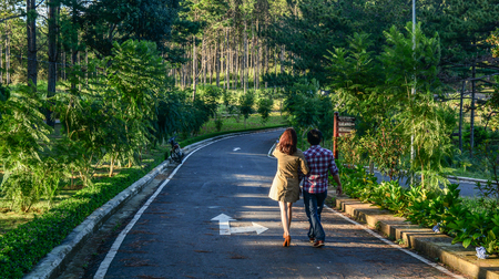 Dalat, Vietnam - Oct 28, 2015. A couple walking on street with many pine trees in Dalat, Vietnam.のeditorial素材