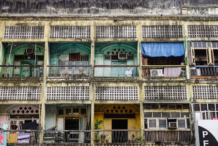 Yangon, Myanmar - Feb 13, 2017. Old apartments at Chinatown in Yangon, Myanmar. Yangon has the highest number of colonial period buildings in south-east Asia.のeditorial素材