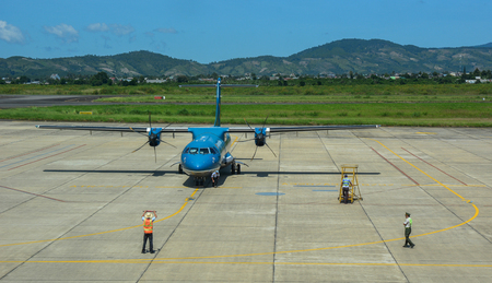 Dalat, Vietnam - Oct 30, 2015. An ATR 72 airplane of Vietnam Airlines docking at Lien Khuong Airport (DLI) in Dalat, Vietnam.のeditorial素材
