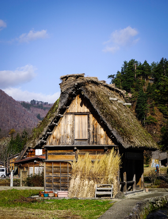 Gifu, Japan - Dec 2, 2016. A wooden house at the Historic Villages of Shirakawa-go in Gifu, Japan. The village was registered as a UNESCO World Heritage Site in December 1995.のeditorial素材