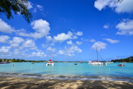 Grand Baie, Mauritius - Jan 11, 2017. View of the beach in Grand Baie, Mauritius. Mauritius is a major tourist destination, ranking 3rd in the region and 56th globally.のeditorial素材