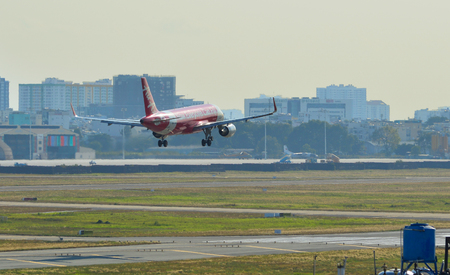 Saigon, Vietnam - Feb 16, 2019. An A320 airplane of landing at Tan Son Nhat Airport (SGN) in Saigon (Ho Chi Minh City), Vietnam.のeditorial素材