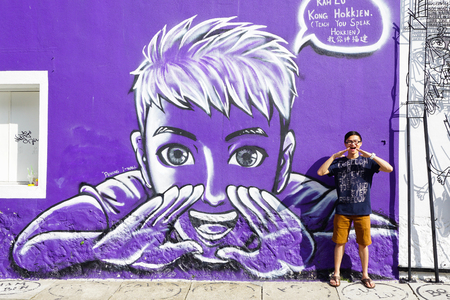 Georgetown, Malaysia - Aug 21, 2014. Penang Street Art, Georgetown Attractions. Beautiful wall painting of children all across historical Georgetown by Ernest Zacharevic.のeditorial素材
