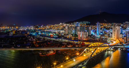 Busan, South Korea - Sep 18, 2016. Night scape of Busan, South Korea. Busan is the 2nd largest city in Korea, a maritime logistics hub in Northeast Asia.のeditorial素材
