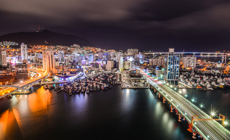 Busan, South Korea - Sep 18, 2016. Night scape of Busan, South Korea. Busan is the 2nd largest city in Korea, a maritime logistics hub in Northeast Asia.のeditorial素材