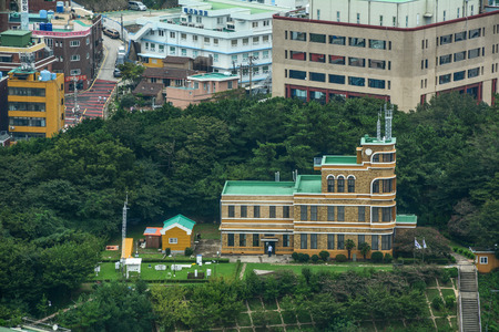 Busan, South Korea - Sep 18, 2016. View of downtown on coast in Busan, S. Korea. Beautiful scenery from Busan Tower in rainy day.のeditorial素材