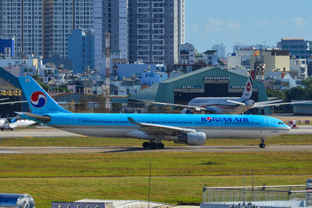 Saigon, Vietnam - Feb 19, 2019. An A330-300 airplane of Korean Air taxiing on runway of Tan Son Nhat Airport (SGN) in Saigon (Ho Chi Minh City), Vietnam.のeditorial素材