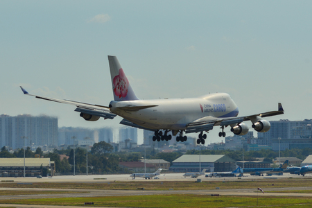 Saigon, Vietnam - Feb 19, 2019. A 747-400F airplane of China Airlines Cargo landing at Tan Son Nhat Airport (SGN) in Saigon (Ho Chi Minh City), Vietnam.のeditorial素材