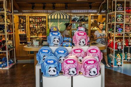 Chengdu, China - Aug 20, 2016. Bag shop at downtown in Chengdu, China. Chengdu is the capital of southwestern China Sichuan province.のeditorial素材