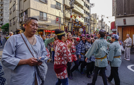 Tokyo, Japan - May 20, 2017. Procession of Mikoshi Matsuri Festival in Tokyo, Japan. Mikoshi Matsuri is one of the three great Shinto festivals of Tokyo.のeditorial素材
