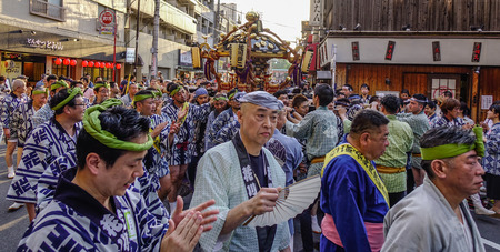 Tokyo, Japan - May 20, 2017. Procession of Mikoshi Matsuri Festival in Tokyo, Japan. Mikoshi Matsuri is one of the three great Shinto festivals of Tokyo.のeditorial素材