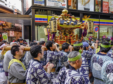 Tokyo, Japan - May 20, 2017. Procession of Mikoshi Matsuri Festival in Tokyo, Japan. Mikoshi Matsuri is one of the three great Shinto festivals of Tokyo.のeditorial素材