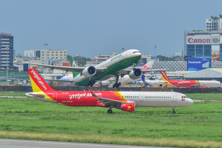 Saigon, Vietnam - Jun 19, 2019. VietJet Air VN-A649 (Airbus A321) taxiing on runway of Tan Son Nhat...