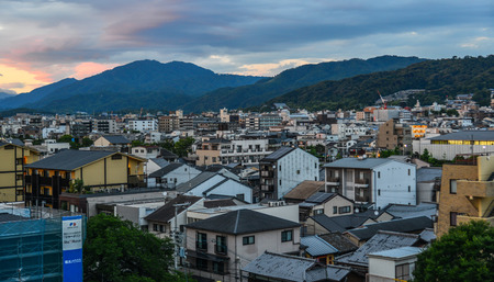 Kyoto, Japan - Jun 24, 2019. Aerial view of Kyoto in sunset. Kyoto was the Imperial capital of Japan...