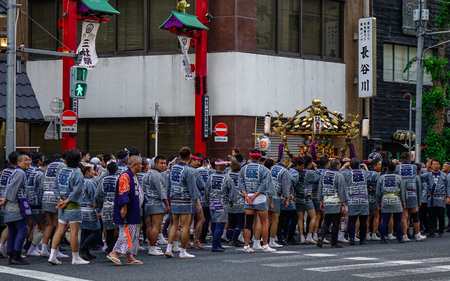 Tokyo, Japan - May 20, 2017. Procession of Mikoshi Matsuri Festival in Tokyo, Japan. Mikoshi Matsuri is one of the three great Shinto festivals of Tokyo.のeditorial素材