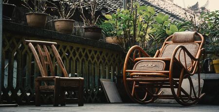 Chinese-style wooden chairs at rural house in Fenghuang Old Village, China.の写真素材