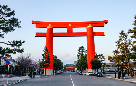 Kyoto, Japan - Dec 25, 2015. Giant Torii at downtown in Kyoto, Japan. Kyoto is famous for its numerous classical Buddhist temples, as well as gardens, imperial palaces.のeditorial素材