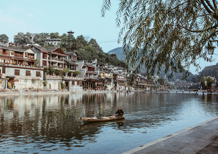 Hunan, China - Nov 6, 2015. View of Fenghuang Old Town in Hunan, China. The ancient town was added to the UNESCO World Heritage in 2008.のeditorial素材