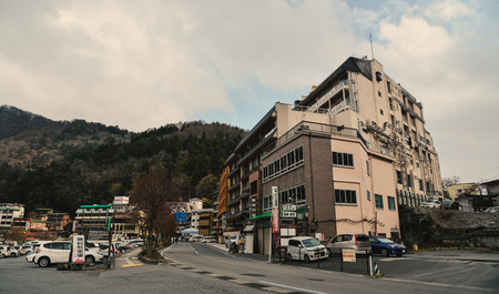 Kawaguchiko, Japan - Apr 8, 2019. Cityscape of Kawaguchiko, Japan. Kawaguchiko is a mountain township near famous Mount Fuji.のeditorial素材