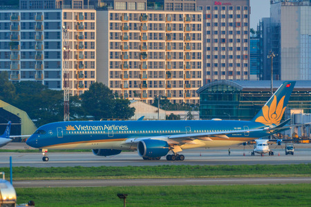 Saigon, Vietnam - Jul 10, 2019. VN-A892 Vietnam Airlines Airbus A350-900 taxiing on runway of Tan Son Nhat Airport (SGN) in Saigon, Vietnam.のeditorial素材