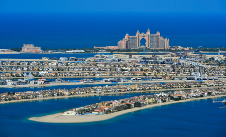 Dubai, UAE - Dec 9, 2018. Residential buildings on Palm Jumeirah island. The islands are artificial archipelago in Dubai Emirate.のeditorial素材