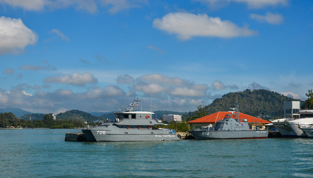 Phuket, Thailand - Apr 20, 2018. Royal Thai Police ships on Phuket Island, Thailand. Phuket is 48 km in length, 21 km at its widest, on the west-facing Andaman Sea coastline.のeditorial素材