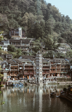 Hunan, China - Nov 6, 2015. View of Fenghuang Old Town in Hunan, China. The ancient town was added to the UNESCO World Heritage in 2008.のeditorial素材
