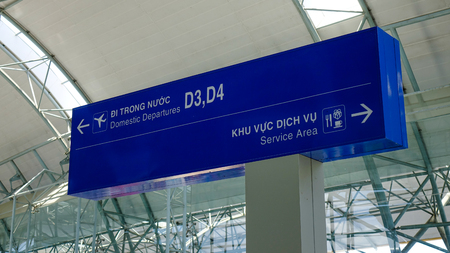 Dalat, Vietnam - Apr 20, 2018. Direction boards at Departure Hall of Lien Khuong Airport (DLI) in Dalat, Vietnam.のeditorial素材