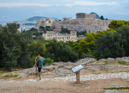 Athens, Greece - Oct 13, 2018. Famous Ancient Acropolis Hill of Athens. Acropolis includes great architecturals, the most famous being the Parthenon.のeditorial素材