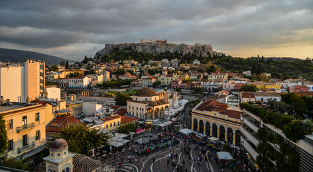Athens, Greece - Oct 12, 2018. Night scene of Monastiraki Square and Ancient Acropolis Hill. Square is one of the principal shopping districts in Athens.のeditorial素材