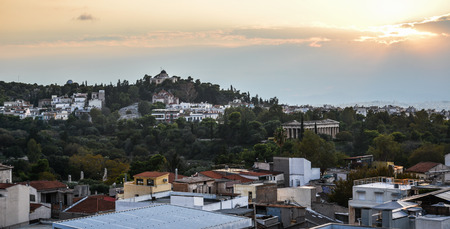 Athens, Greece - Oct 12, 2018. Night scene of Monastiraki Square and Ancient Acropolis Hill. Square is one of the principal shopping districts in Athens.のeditorial素材