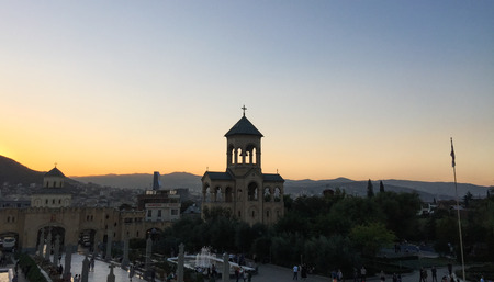 Tbilisi, Georgia - Sep 23, 2018. Holy Trinity Cathedral at sunset in Tbilisi, Georgia. Church is the third-tallest Eastern Orthodox cathedral in the world.のeditorial素材
