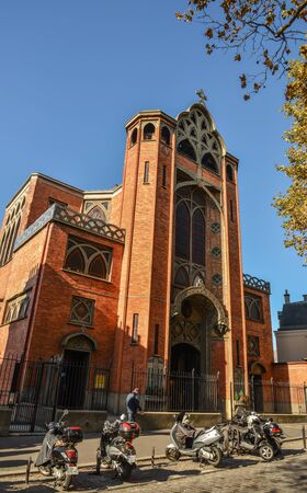 Paris, France - Oct 4, 2018. Beautiful old street in Montmartre district in Paris, France. Montmartre is a large hill in Paris 18th arrondissement.のeditorial素材