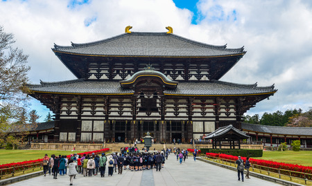 Nara, Japan - Apr 10, 2019. People visit the Todaiji Temple in Nara, Japan. Todai-ji is Nara most popular tourist attraction and a UNESCO Heritage Site.のeditorial素材