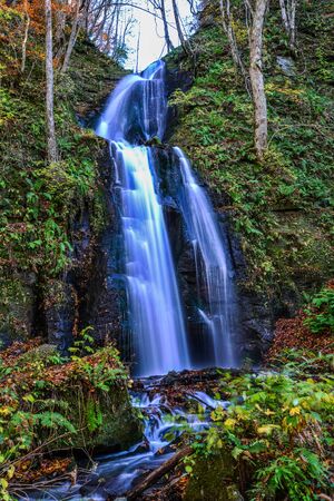 Waterfall in sunny day, beautiful fall foliage scene in autumn colors. Flowing river, mossy rocks...