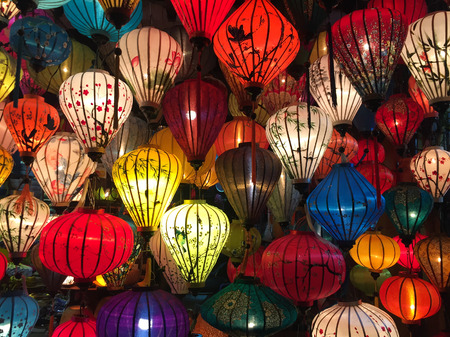 Hoi An, Vietnam - Jan 20, 2019. Paper lanterns lighted up on the streets. The historic old town of Hoi Anのeditorial素材