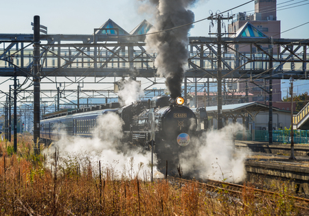Gunma, Japan - Nov 9, 2019. The C61 steam locomotive (Joyful Train) running on the track in Gunma, Japan. The train was constructed with a boiler after World War II.のeditorial素材