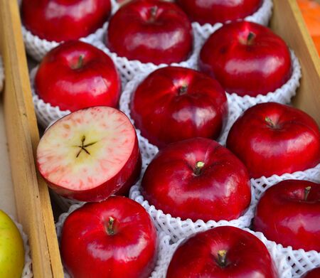Fresh apple fruits for sale at street market in Aomori, Japan. Aomori apple is one of the most...