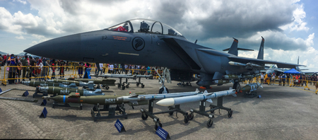 Langkawi, Malaysia - Mar 29, 2019. A McDonnell Douglas F-15SG Strike Eagle aircraft belong to the...