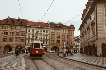 Prague, Czechia - Oct 26, 2018. Retro tram at old town of Prague (Praha), Czechia. The Prague tram network is the third largest in the world.のeditorial素材